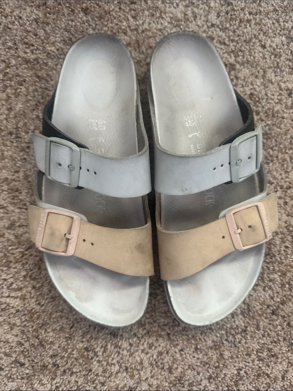 Birkenstock sandals size 40.  Leather and suede in navy, sea foam and beige.